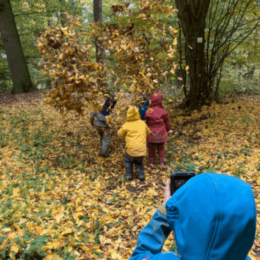 Drei Kinder werfen Laub in die Höhe. Ein viertes Kind fotografiert sie dabei mit einem Handy.