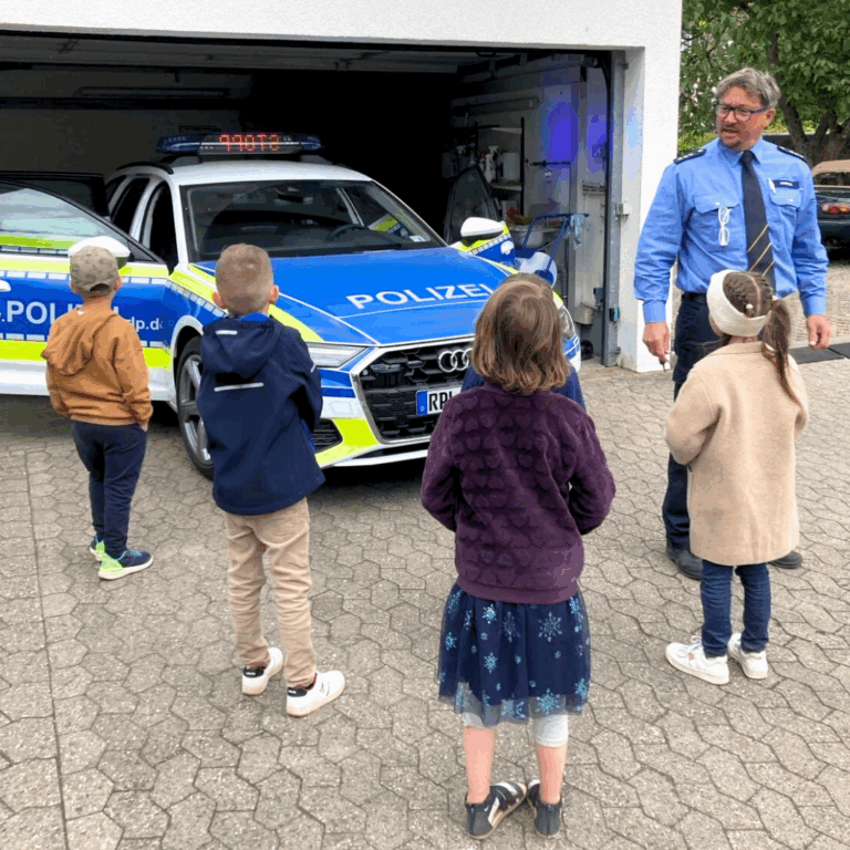 Verkehrserzieher steht mit Kindergartenkindern vor einem Polizeiauto.